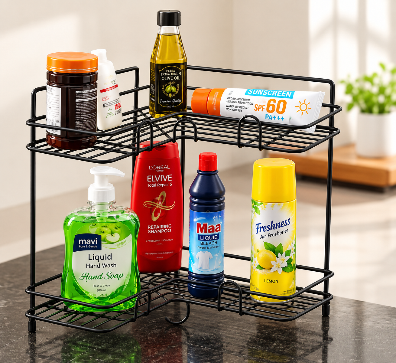 2-Tier Black Metal Corner Rack